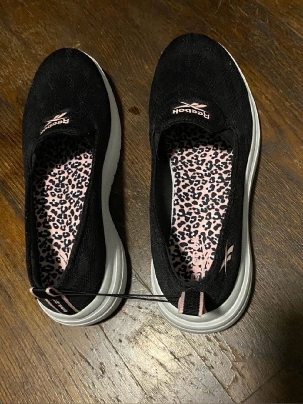 Reebok Women’s Black Slip-On Sneakers with Pink Leopard Insole new with tags 8.5